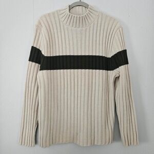 Aeropostale Ribbed Knit Sweater Mens‎ M Cream Green Good Mock Neck Stripe Y2k